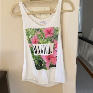 Spiritual Gangster White Tank with Pink and Green Floral Accent